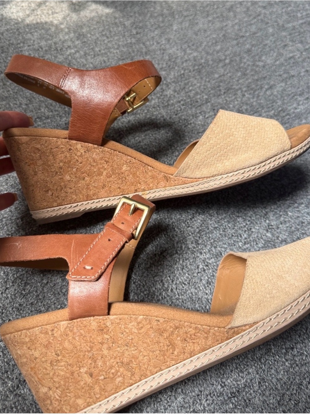 Clarks Tan and Brown Cork Wedge Slingback Sandals